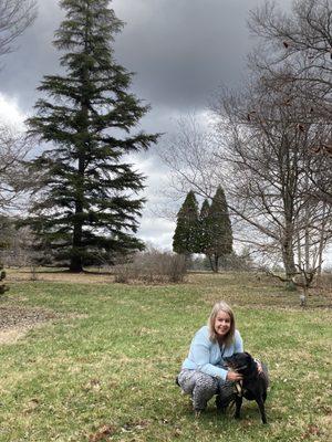 Amy and Bonnie at Bernheim Sun and Shade trail with so many different trees and bushes like the Cedar of Lebanon on left