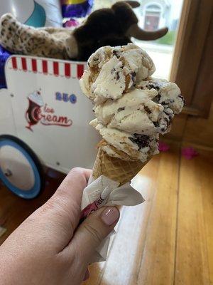 Double scoop of peanut butter cookie dough on a sugar cone $5.50