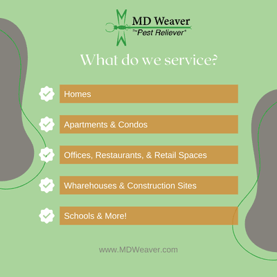 Do you have a pest problem but are not sure if we can help?  MD Weaver is experienced in Pest management in many different environments!