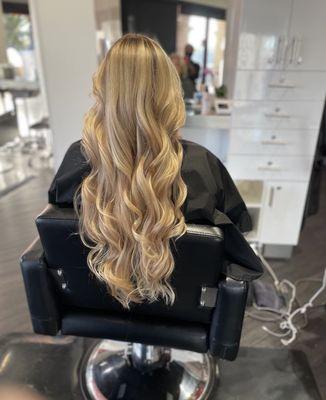 Blonde highlights with root smudge