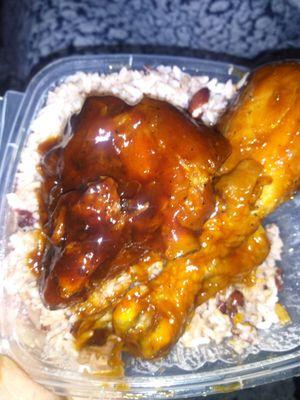 Lunch special bbq chicken and rice and peas $5.00