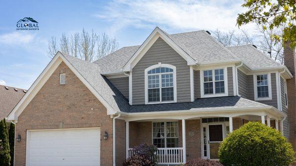 "Estate Gray" roof and white gutters completed in Bartlett, IL!