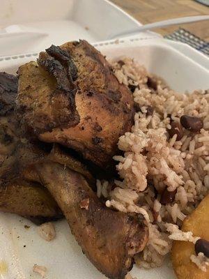 Jerk chicken, rice and beans, festival