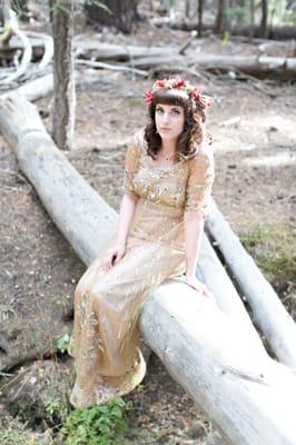 Bride in her BHLDN dress in the Tahoe National Forest