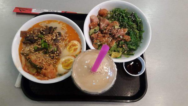 Kimchi ramen, yellowtail and salmon poke bowl with eel sauce on the side, lavender bubble tea