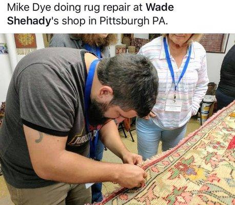 Our Michael Dye working in his "Oriental Rug Repairs Class" in Pittsburgh, PA. Mike is already a Master Textile Specialists by IICRC.