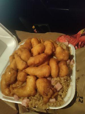 Dinner portion: Honey Chicken over Ham Fried Rice