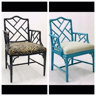 Reupholstered in customer's own fabric with a fresh new paint job. Spectacular!