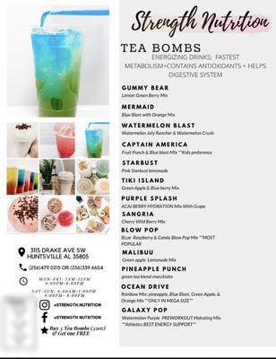 Here we have our tea bombs menu
-BOOSTS UP ENERGY & Metabolism 
_ Reduced stress
-ideal for a better focus 
-NO SUGAR