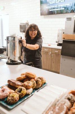 Cafe inside with coffee and treats!