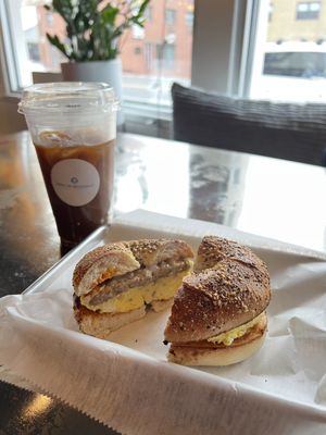 Sausage, egg & cheese on an everything bagel