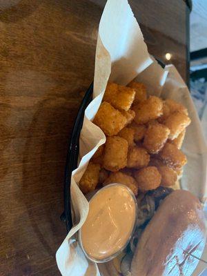 Smash burger, tater tots, and French press coffee Cajun tater tots