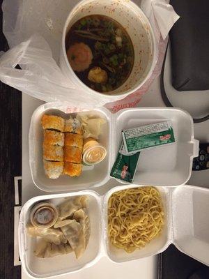 Ramen, California rolls, dumplings