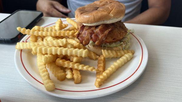 Great chicken sandwich, with a side o fries.