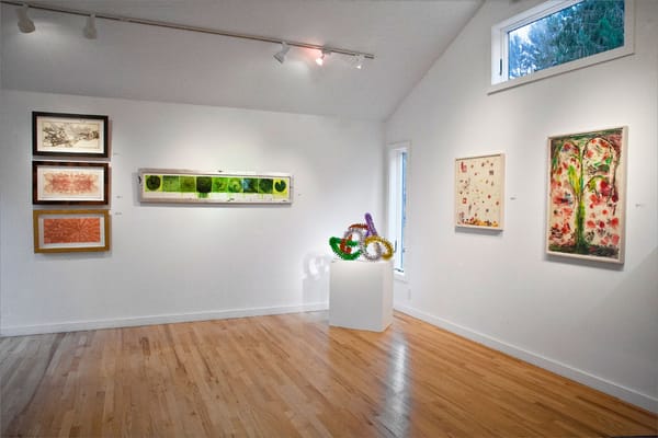 interior shot featuring work by Judy Pfaff, Joan Snyder, Tom Gottsleben