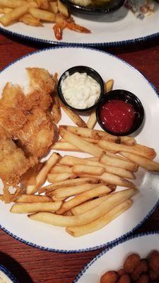 Fish and chips, tartar sauce and ketchup