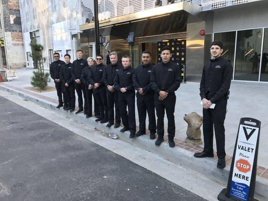 Premiere Valet Services, Inc ready to valet for the grand opening of a new high-rise condo building in Downtown Los Angeles.