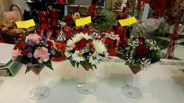 Valentine's Day Martini glass arrangements!