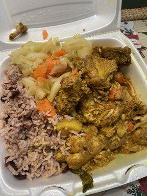 Rice & beans, cabbage & veggies, Curry chicken