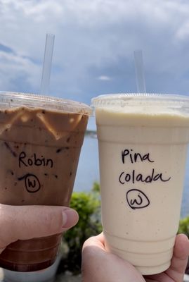 Delicious Pina Colada Smoothie and my hubby's Iced Robin Mocha.