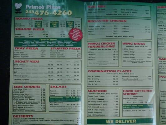 Primo's menu