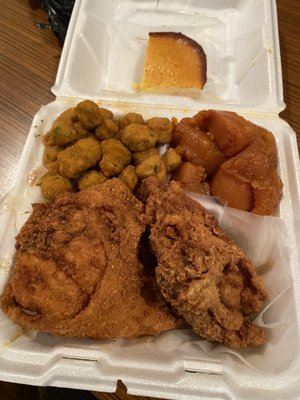 Fried chicken dinner with yams and fried okra!