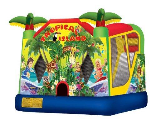 Tropical Combo featuring a bounce area, slide, and basketball hoop