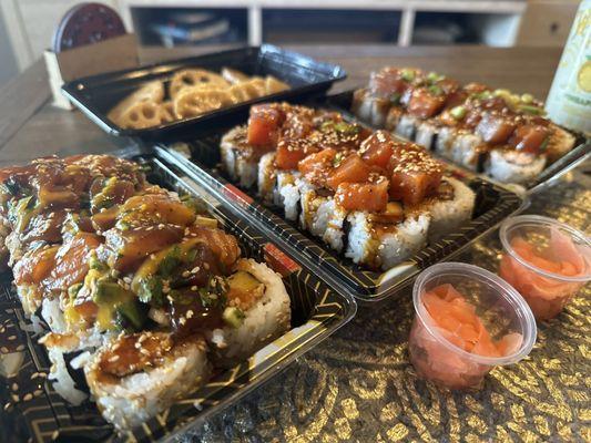 Lotus root, Aloha roll, Pompeii roll  Magma roll