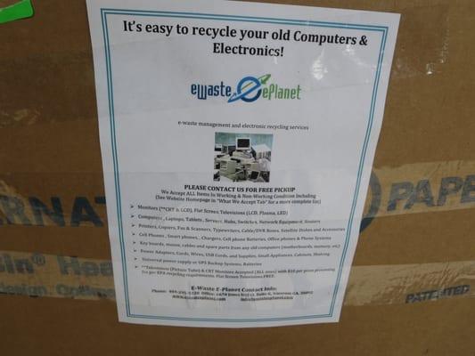 Drop-off box for electronics recycling at our office building. Free service.