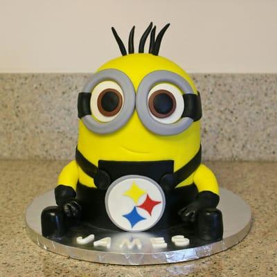 Steelers minion birthday cake with delicious red velvet sponge and cream cheese frosting.