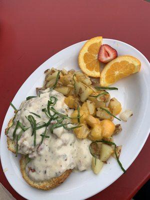 Gravy biscuit and "home fries"