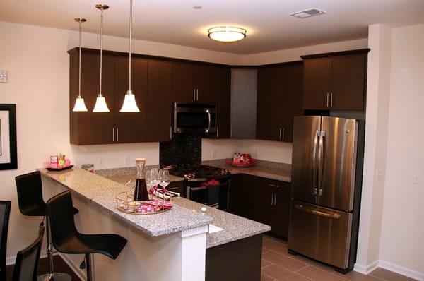 Stainless steel appliances and sleek modern decor make ever kitchen the height of luxury.