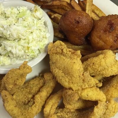 Catfish, hush puppies, home fries and coleslaw