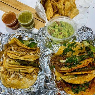 Chicken tacos, chorizo & barbacoa tacos, chips and guacamole!