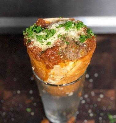 Meatball Stuffed Garlic Sourdough Cone