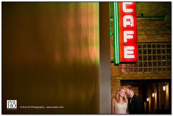 Bride and groom nighttime portrait at Ravenswood Event Center.