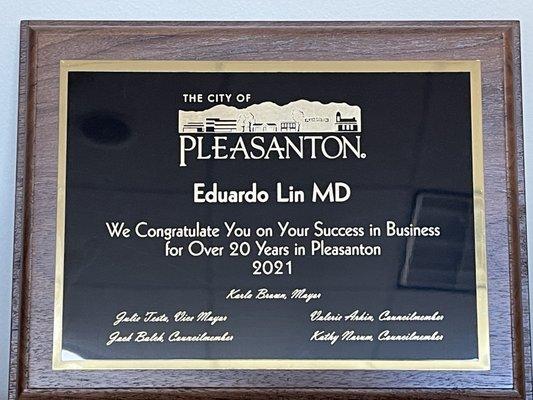 Recognition by City of Pleasanton