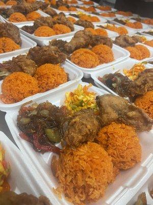 Red rice, fried chicken, pork sukiyaki (noodle) cabbage salad.