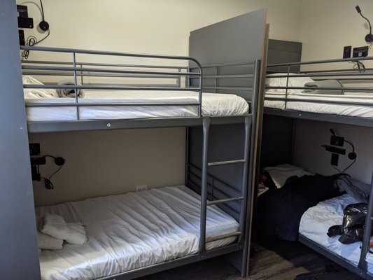 Good bunkbeds for above average privacy & comfort. Lights don't bug roomies as much. Code access to rooms to not lose a key!