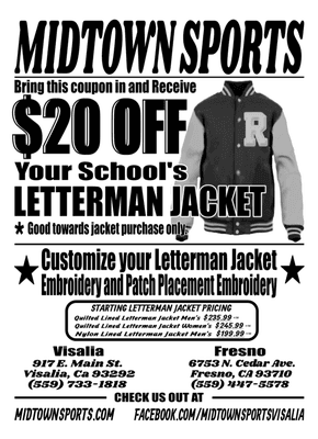 Bring this coupon in when ordering your custom letterman jacket