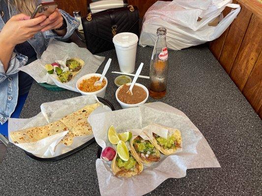 Quesadilla birria tacos an steak tacos.