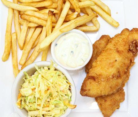 Fish fry with coleslaw, homemade tarter sauce and a side of french fries