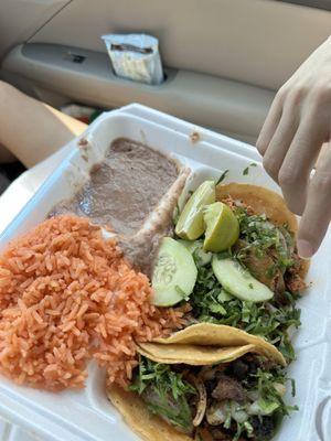 3 tacos plate with beans & rice