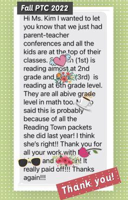 Thank you for sharing this great news with us after the Parent Teacher Conference in November 2022.