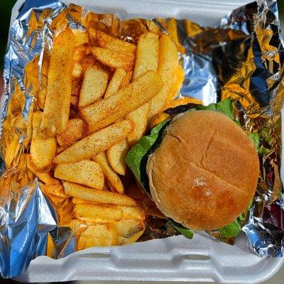 Cheeseburger and steak fries