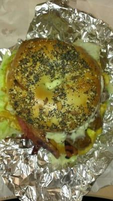 Joe's special on an everything bagel.   Top view.