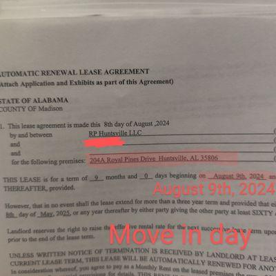 Day one move in on August 9th, 2024 matches urgent care medical treatment medical notes. Please do not rent here. I messed up.