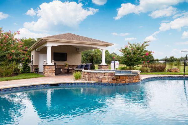 Pool & Spa design with Cabana and hardscape patio surround