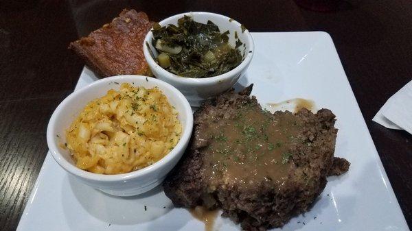 Meatloaf, mac and cheese, greens and cornbread.