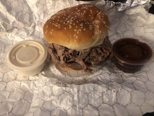 Double Beef-A-Miel with a side of their amazing bbq and horseradish sauces.